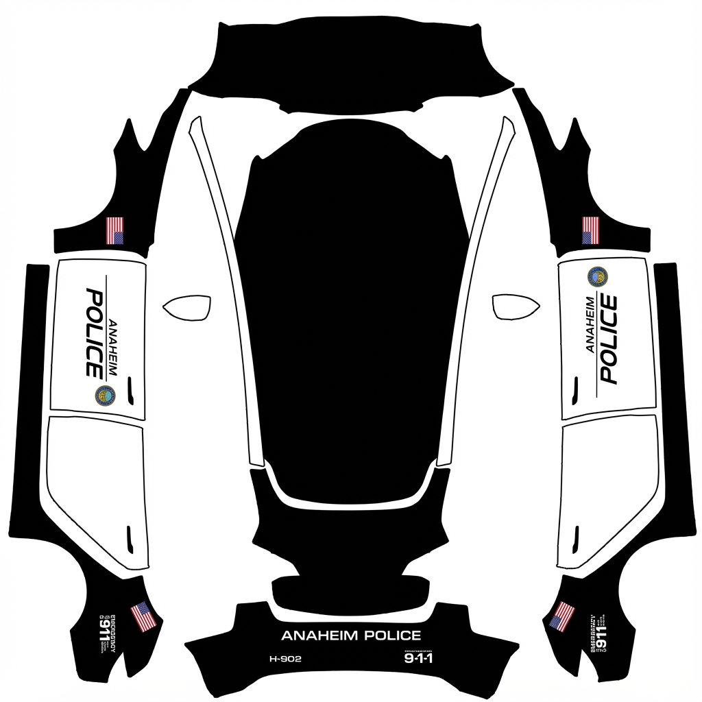 AI Design - 参考这个图，前侧车门有police字样，尾灯旁有美国国旗和9