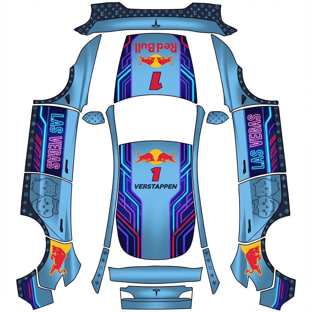 AI Design - 色调以淡蓝色为主，元素以f1红牛 rb19拉斯维加斯 维斯塔