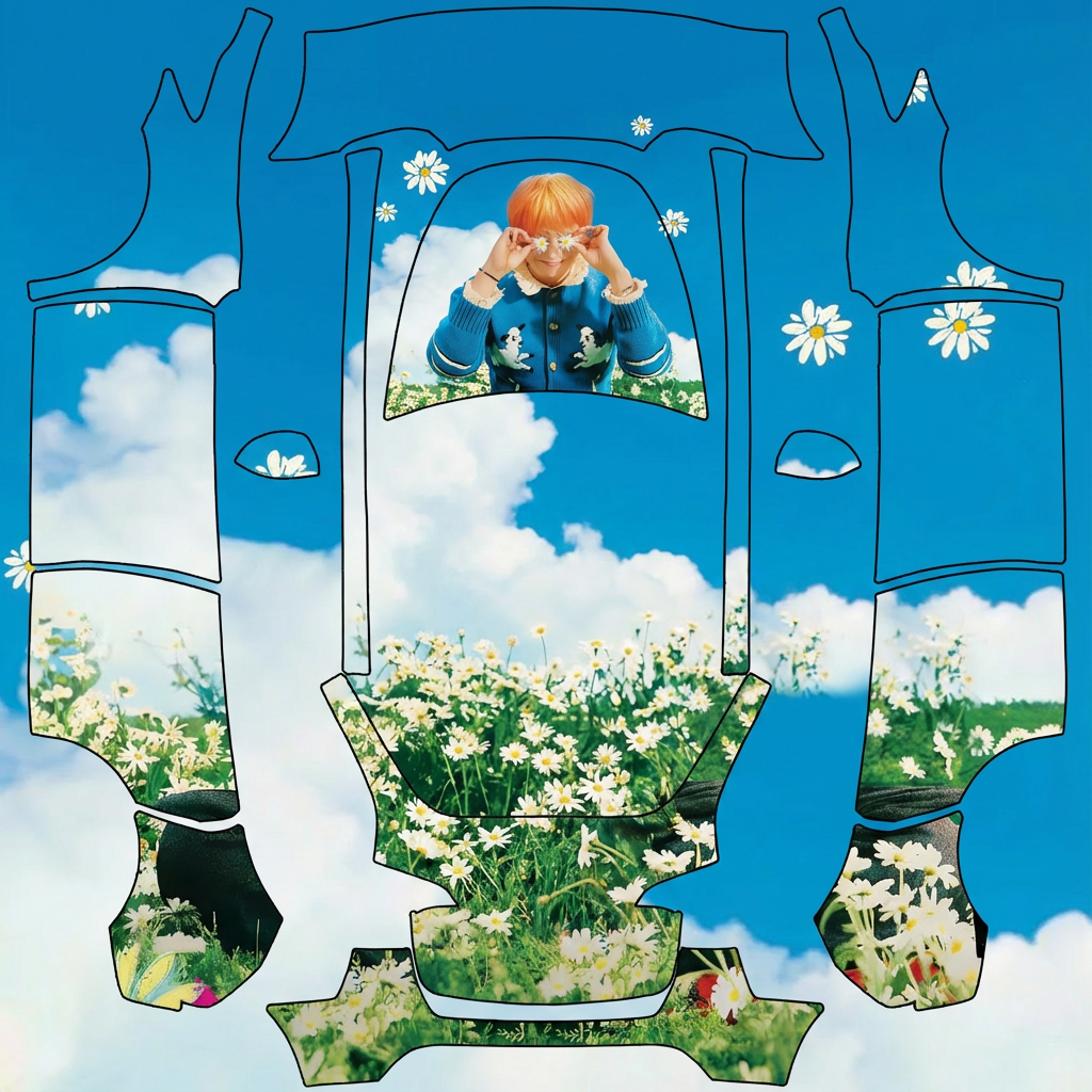 AI Design -  将权志龙画在模版图的上方梯形线框内。