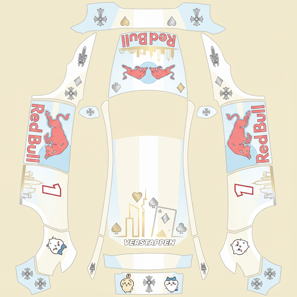 AI Design - 色调以浅色调为主，元素以f1红牛 rb19拉斯维加斯 维斯塔