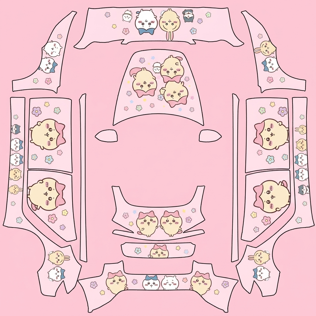 AI Design - 粉红色背景，要带莫莫咖，稍微搭配吉伊咔哇家族，莫莫咖占主要位