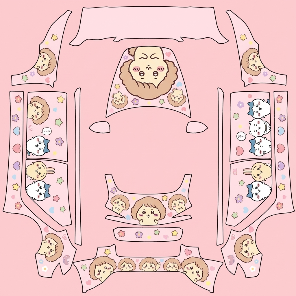 AI Design - 粉红色背景，要带莫莫咖，稍微搭配吉伊咔哇家族，莫莫咖占主要位