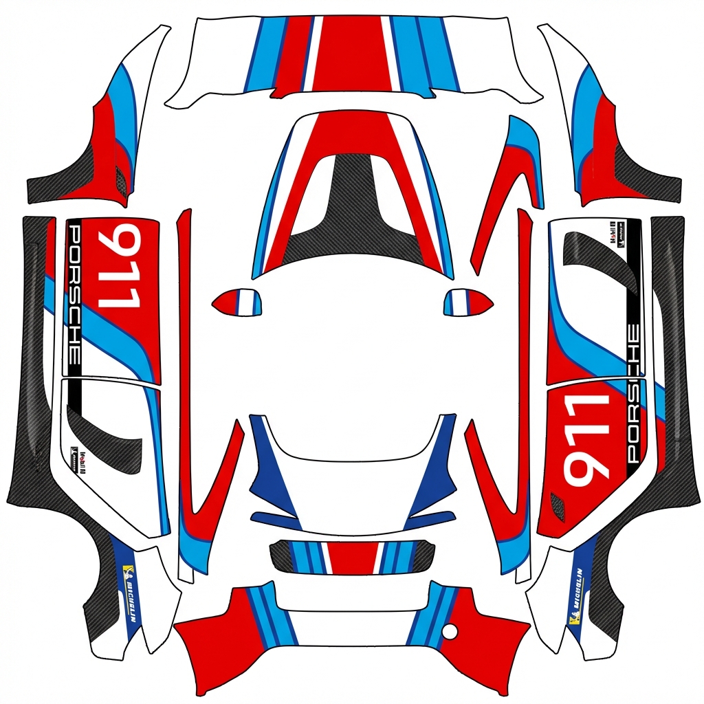 AI Design - 赛车风格，红白蓝涂装，车门上有911的字样