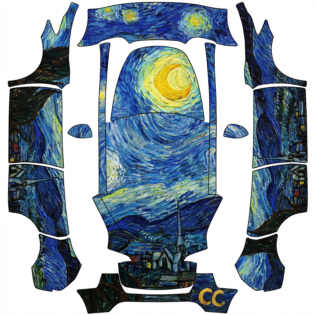 AI Design - 生成一套梵高星空艺术风格的涂装，车体的下半部分为深色的大地、