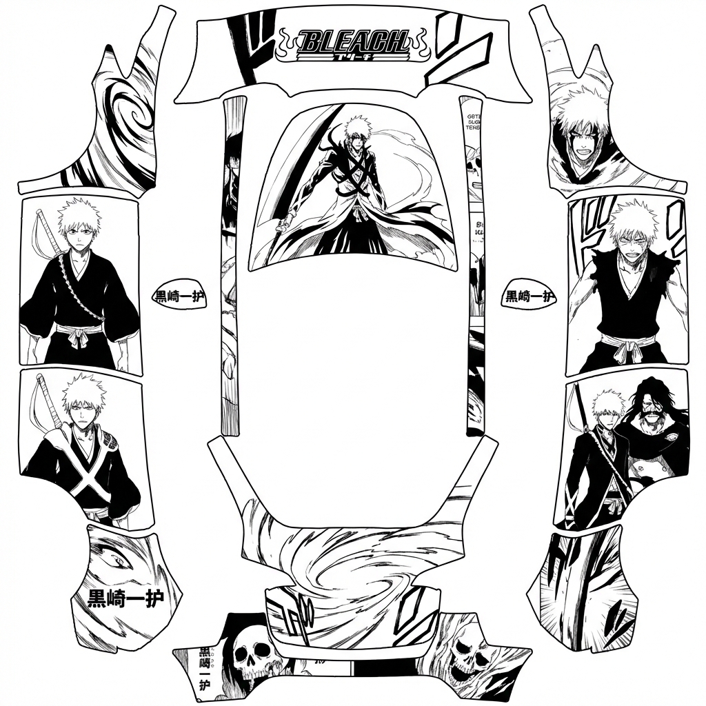 AI Design - 死神黑崎一护漫画风，黑白线条为主，不同方位展示不同阶段的黑崎